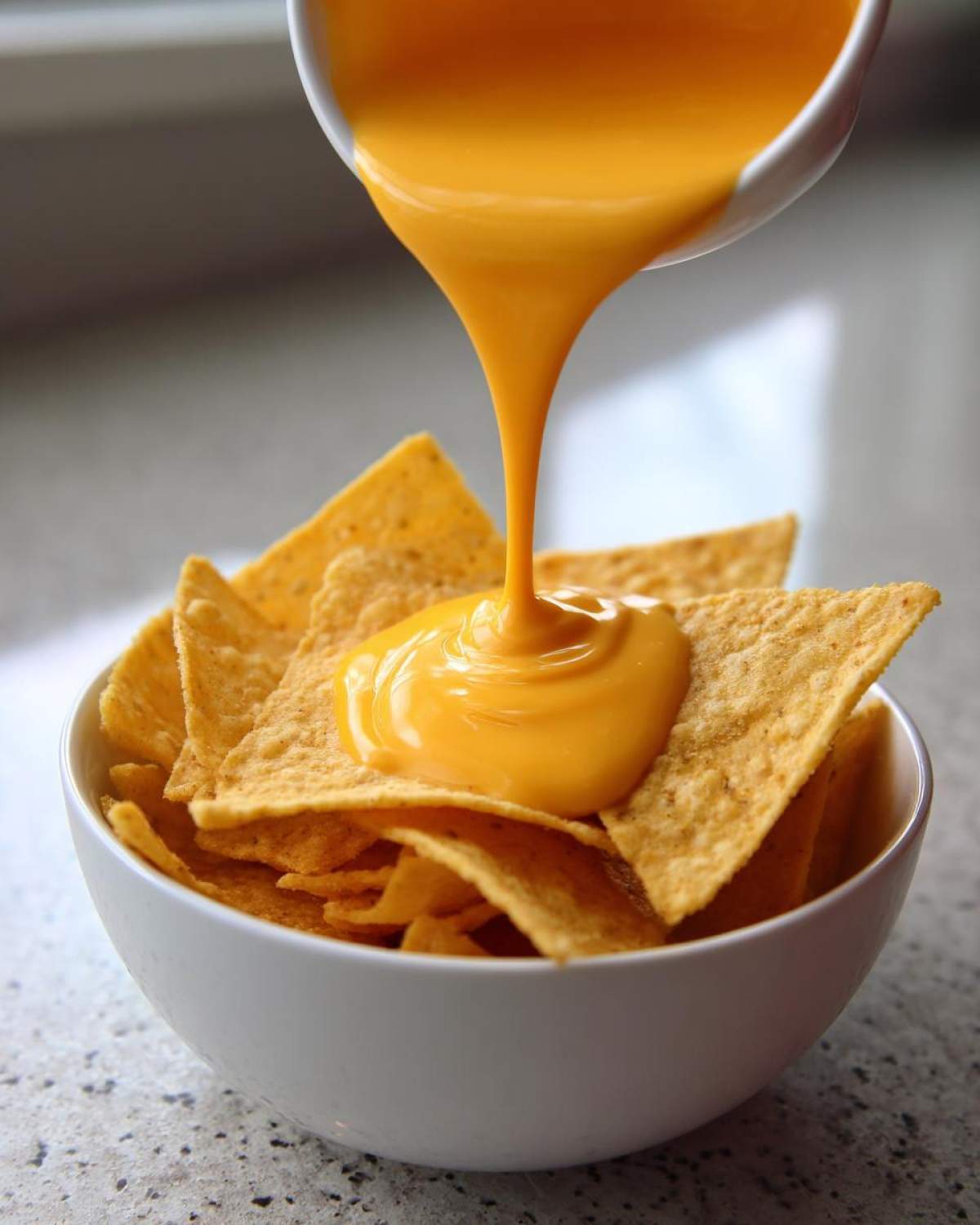 Close-up of rich, smooth nacho cheese sauce being poured from a white bowl onto tortilla chips in a serving bowl.