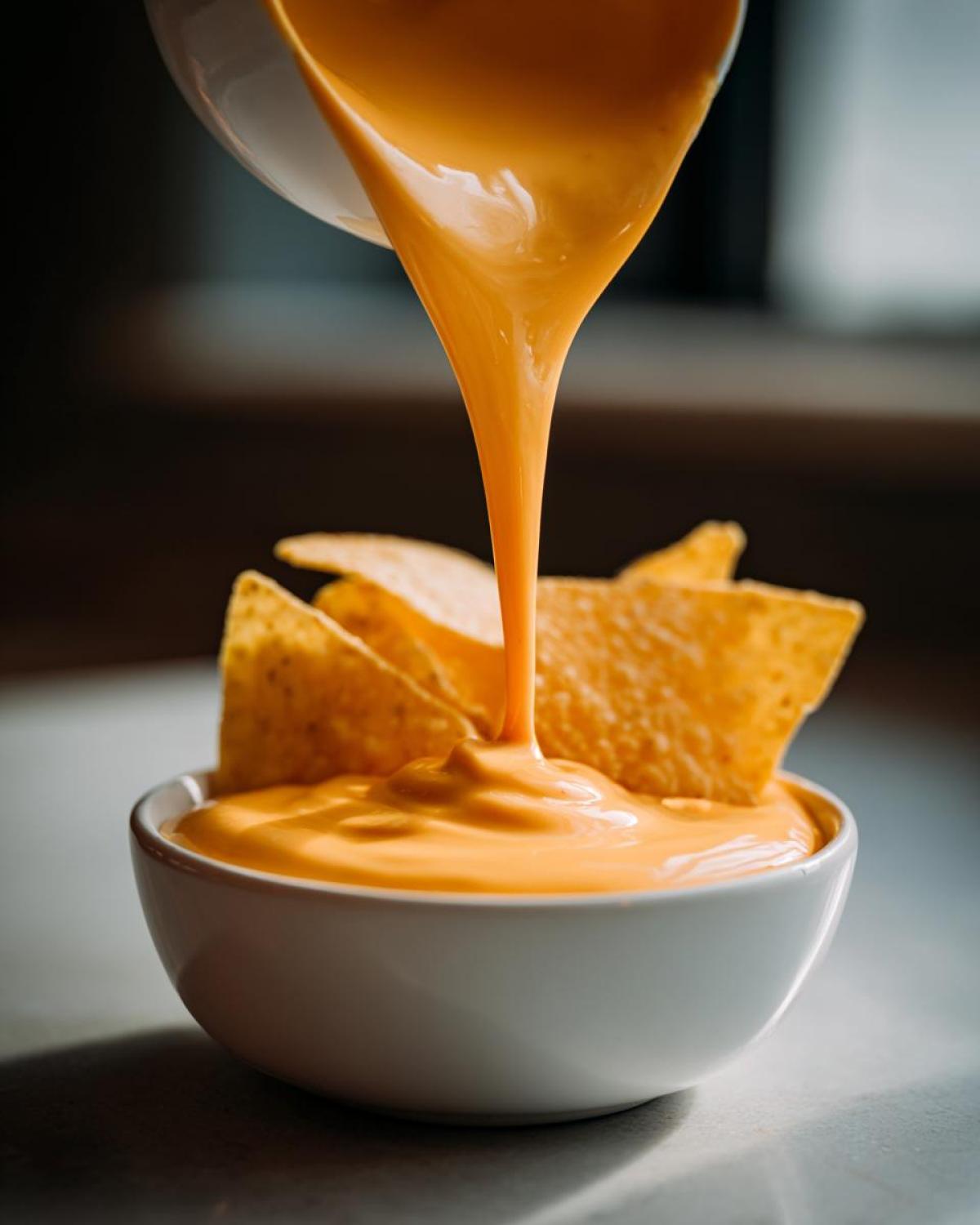 Thick, creamy nacho cheese sauce being poured from a white bowl onto tortilla chips in a serving bowl.