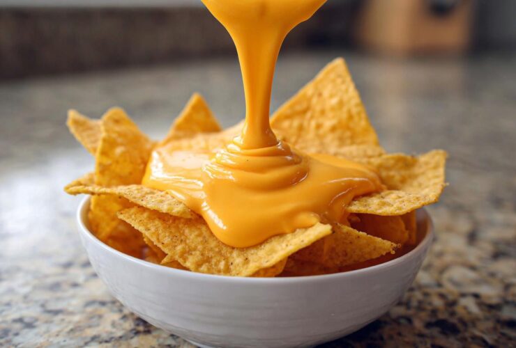 A close-up of bright orange nacho cheese sauce being poured from above onto tortilla chips in a white bowl.