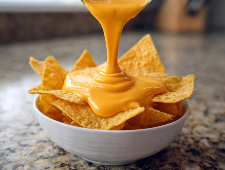 A close-up of bright orange nacho cheese sauce being poured from above onto tortilla chips in a white bowl.