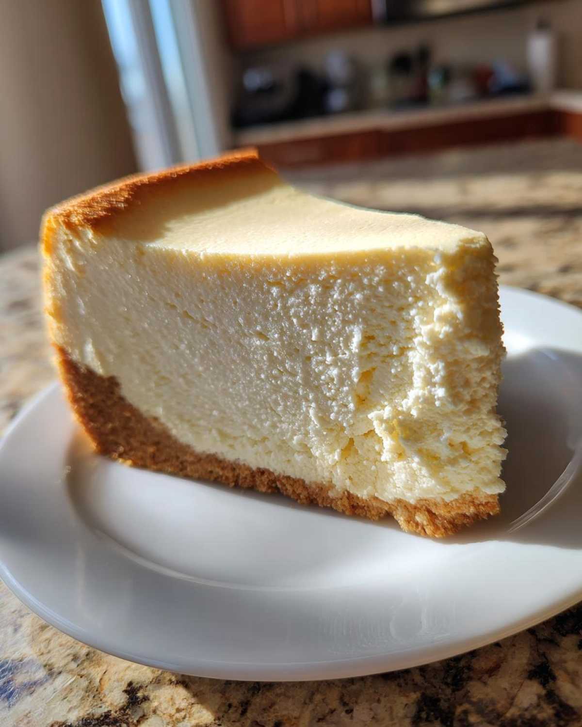 A thick, creamy slice of baked Protein Cheesecake with a graham cracker crust sits on a white plate.