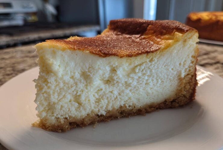 Close-up of a thick slice of creamy Protein Cheesecake on a white plate, showing a golden-brown baked top.