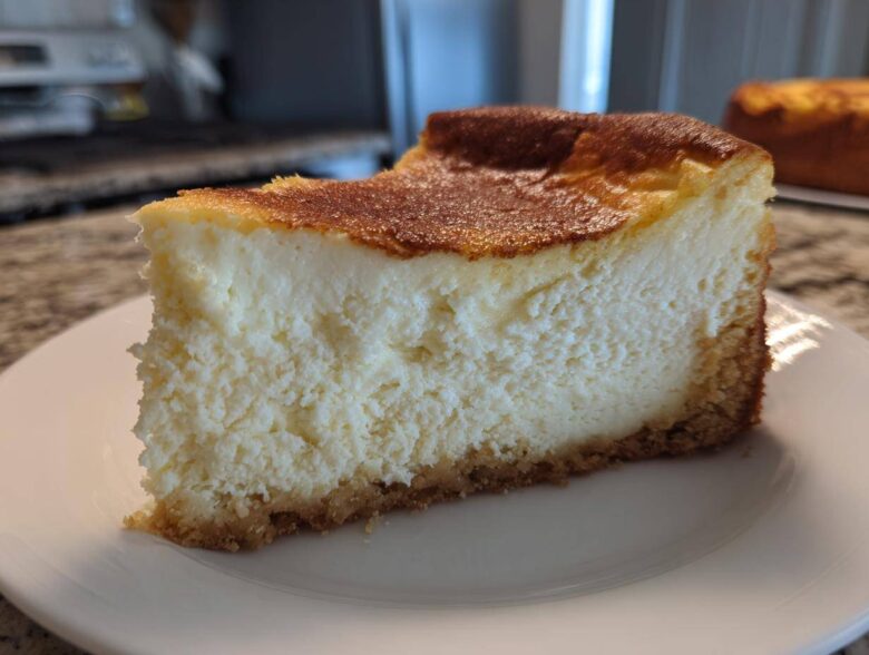 Close-up of a thick slice of creamy Protein Cheesecake on a white plate, showing a golden-brown baked top.