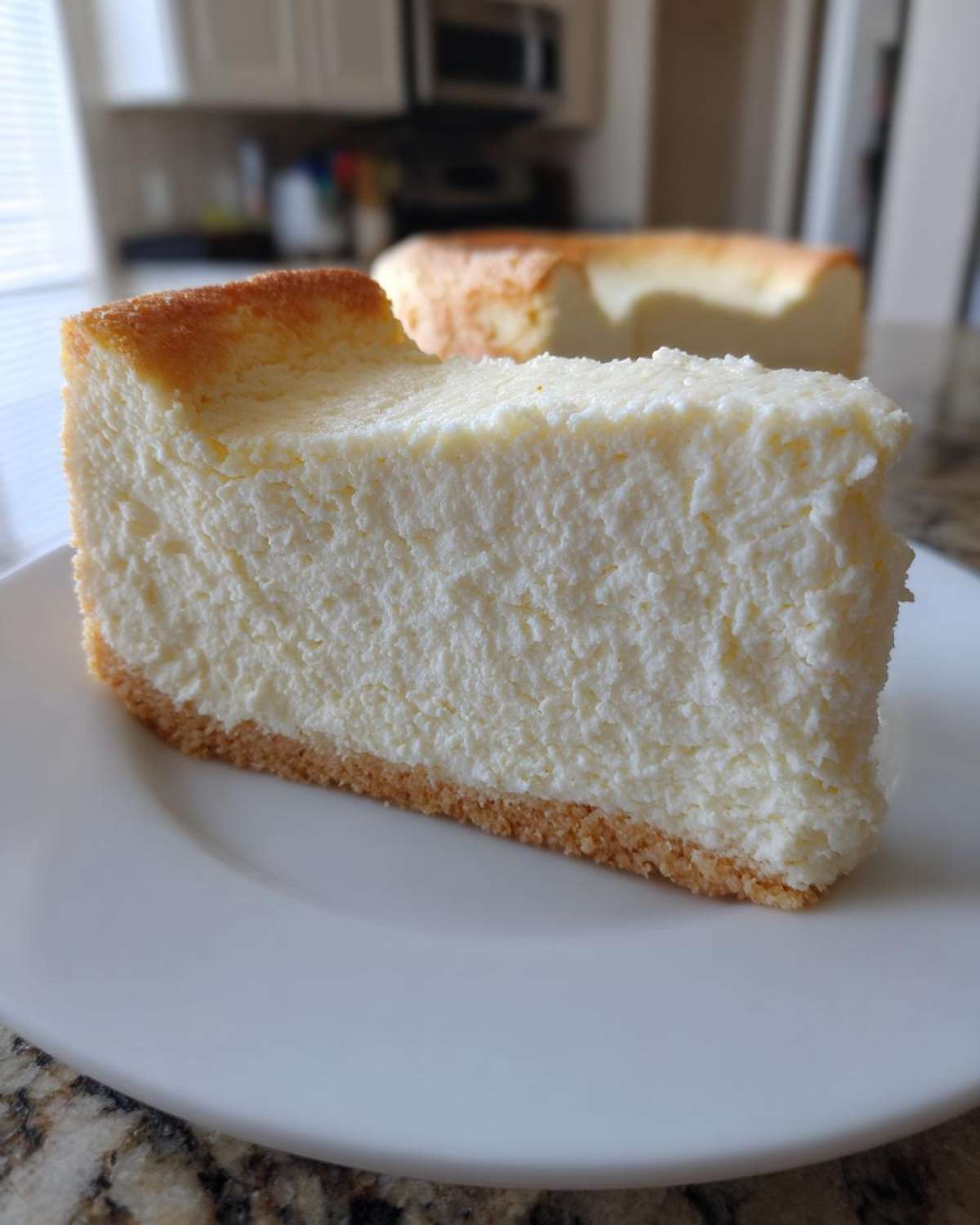 A thick slice of creamy, white Protein Cheesecake with a golden graham cracker crust, sitting on a white plate.