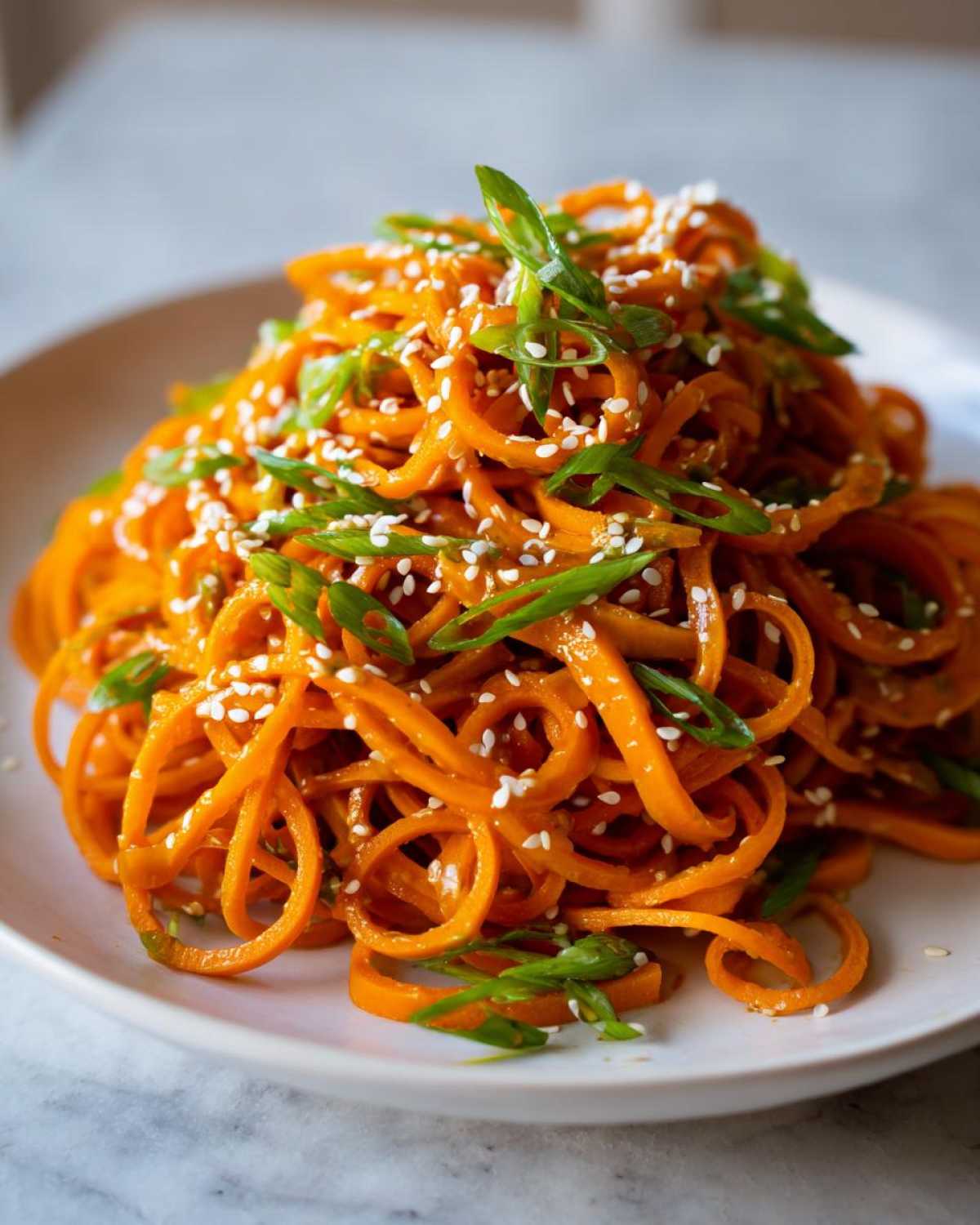 Close-up of a vibrant raw carrot salad made with spiralized carrots, topped with green onions and sesame seeds.