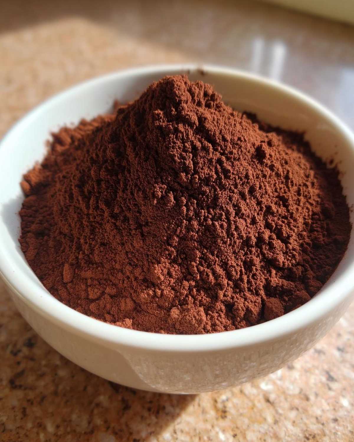 Close-up of rich, dark brown cocoa powder mounded in a small white bowl, ready for hot cocoa mix.