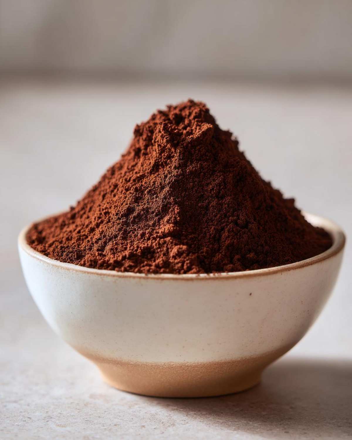 Close-up of a mound of rich, dark brown hot cocoa mix powder overflowing a small ceramic bowl.
