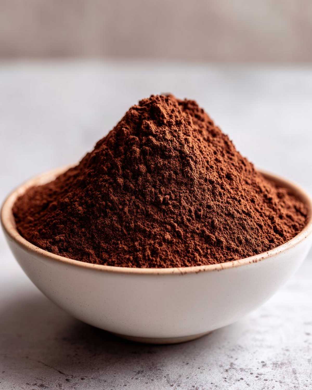 Close-up of rich, dark brown powder piled high in a small white bowl, representing homemade hot cocoa mix.