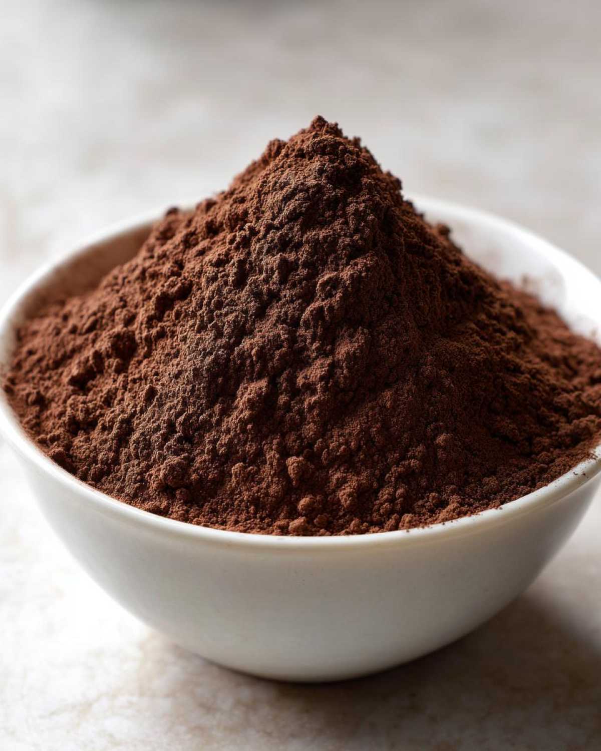 Close-up of a white bowl filled with a mound of dark brown powder, likely the homemade hot cocoa mix.