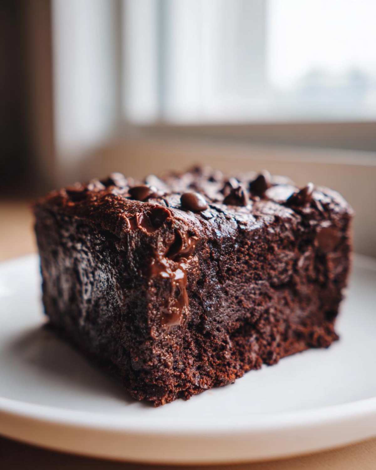 A moist, fudgy slice of black bean brownies topped with melted chocolate chips, served on a white plate.
