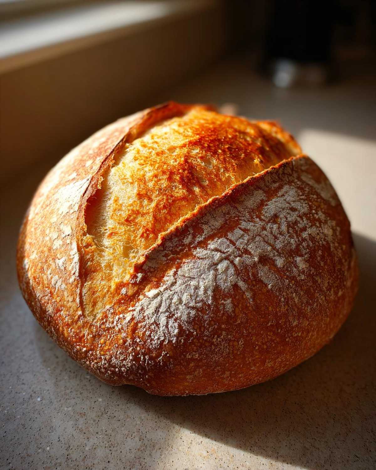A beautifully scored, golden-brown round loaf of homemade french bread sitting on a countertop.