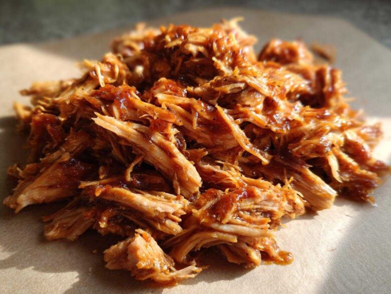 A close-up, appetizing pile of shredded, saucy slow cooker pulled pork resting on brown paper.