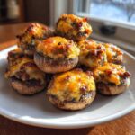 A mound of freshly baked sausage stuffed mushrooms piled high on a white plate.