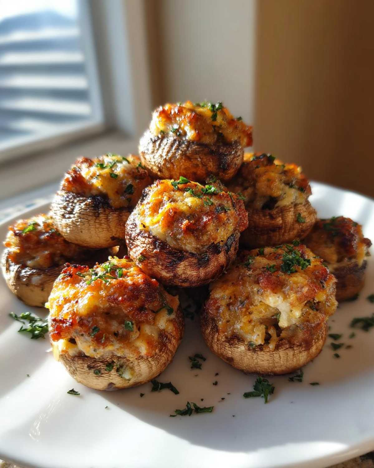 A stack of golden brown sausage stuffed mushrooms topped with melted cheese and parsley on a white plate.