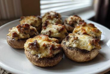 A close-up of several baked sausage stuffed mushrooms topped with melted, browned cheese served on a white plate.