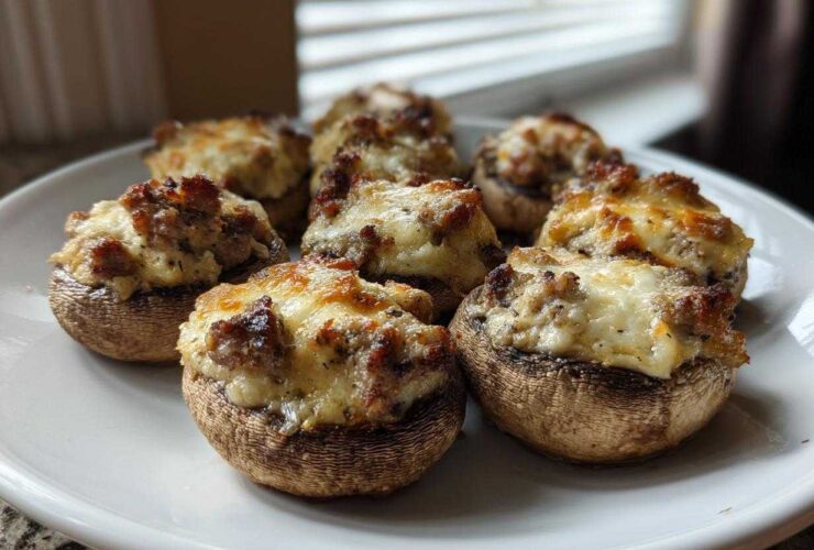 A close-up of several baked sausage stuffed mushrooms topped with melted, browned cheese served on a white plate.