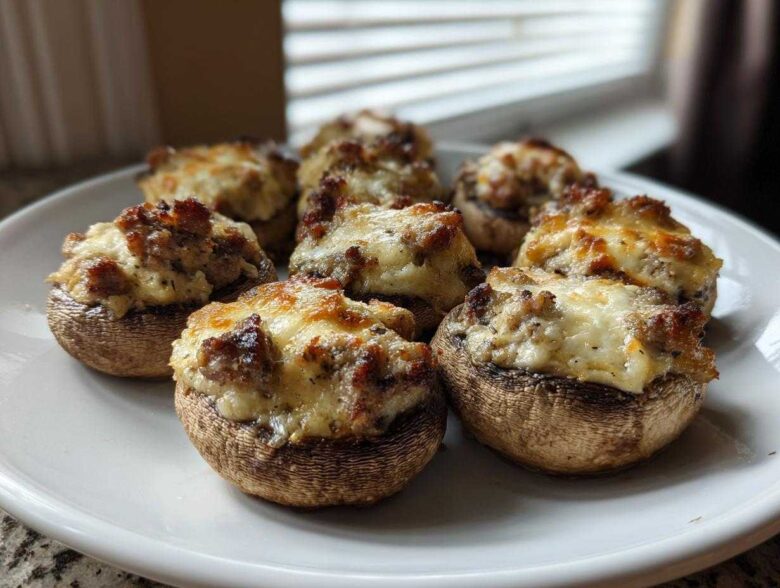 A close-up of several baked sausage stuffed mushrooms topped with melted, browned cheese served on a white plate.