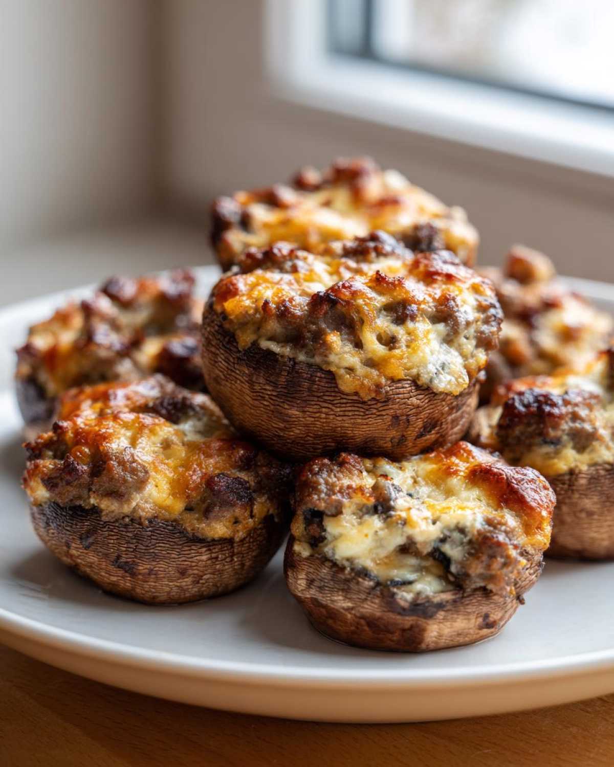 A close-up of several golden-brown sausage stuffed mushrooms piled on a white plate, featuring a melted, cheesy topping.