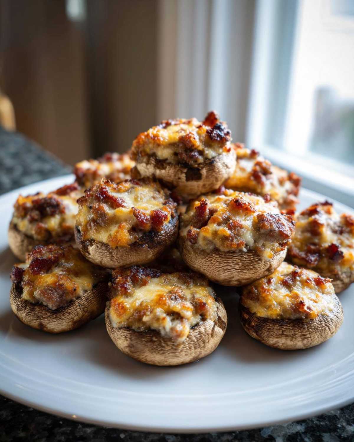 A close-up stack of baked Sausage stuffed mushrooms topped with melted, browned cheese.