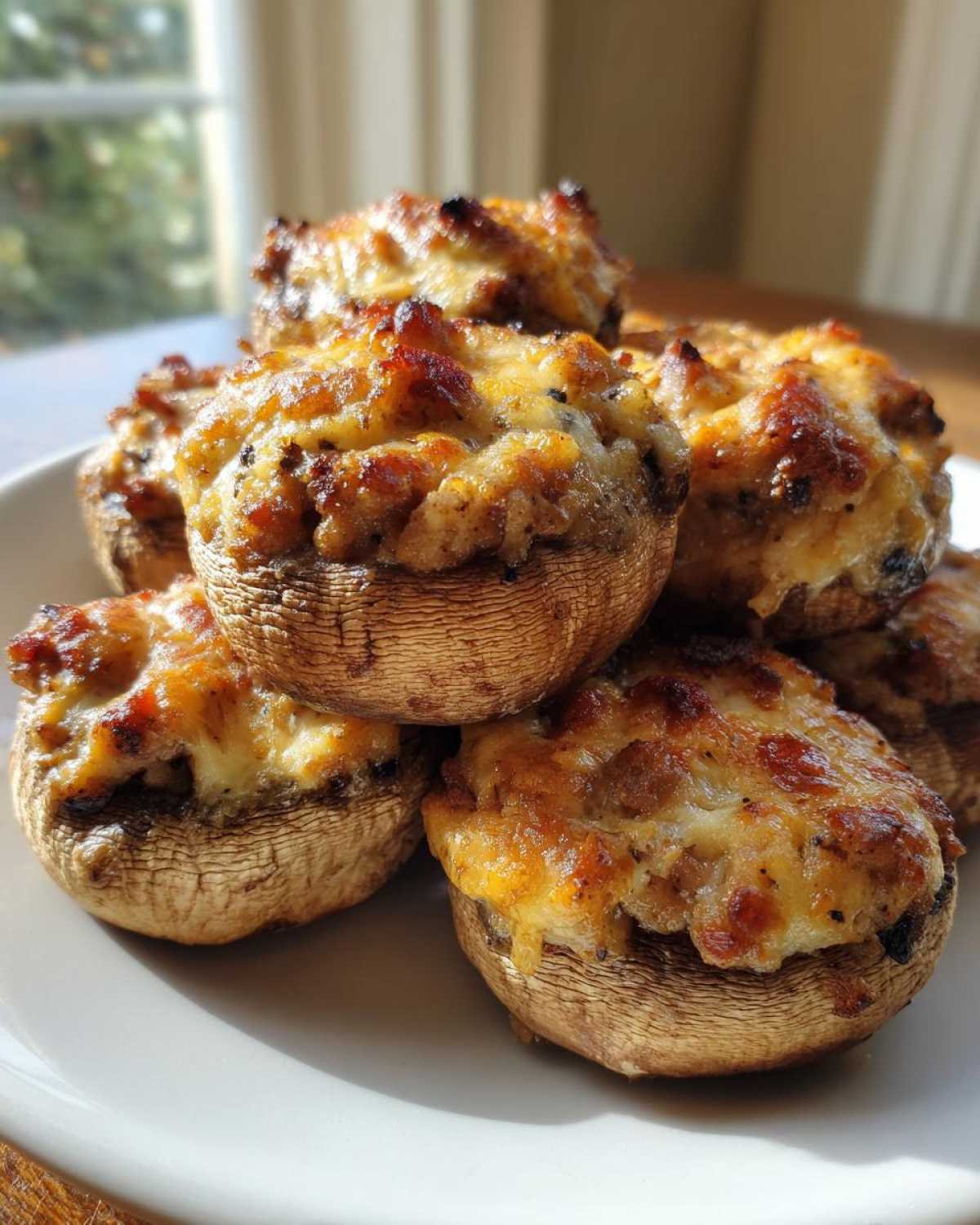 A stack of golden-brown, baked Sausage stuffed mushrooms topped with bubbly, browned cheese.