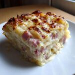 A square serving of creamy scalloped potatoes and ham, topped with browned, melted cheese.