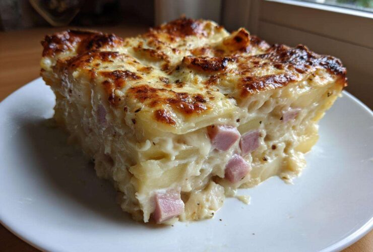 A thick, square slice of creamy scalloped potatoes and ham with a golden, bubbly cheese crust.