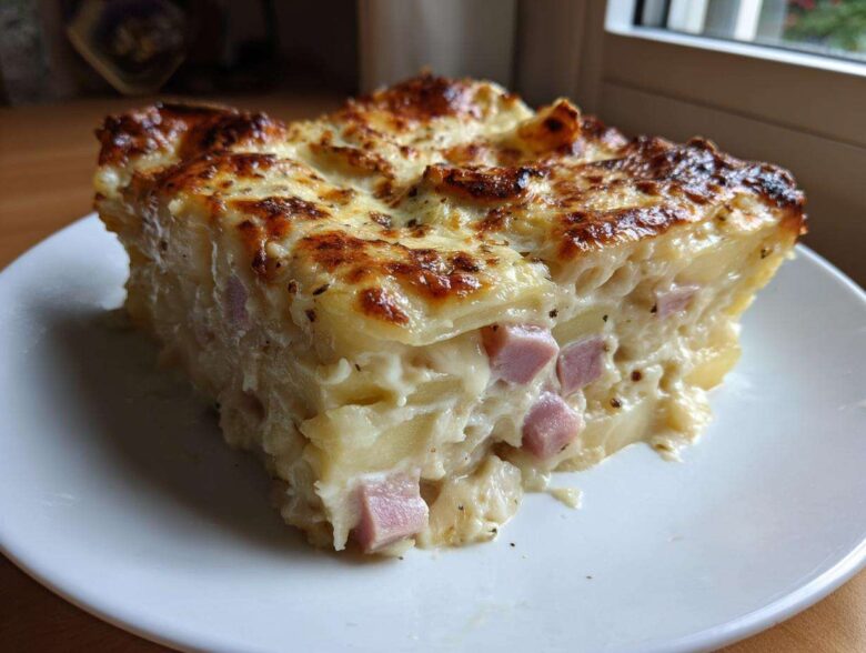 A thick, square slice of creamy scalloped potatoes and ham with a golden, bubbly cheese crust.