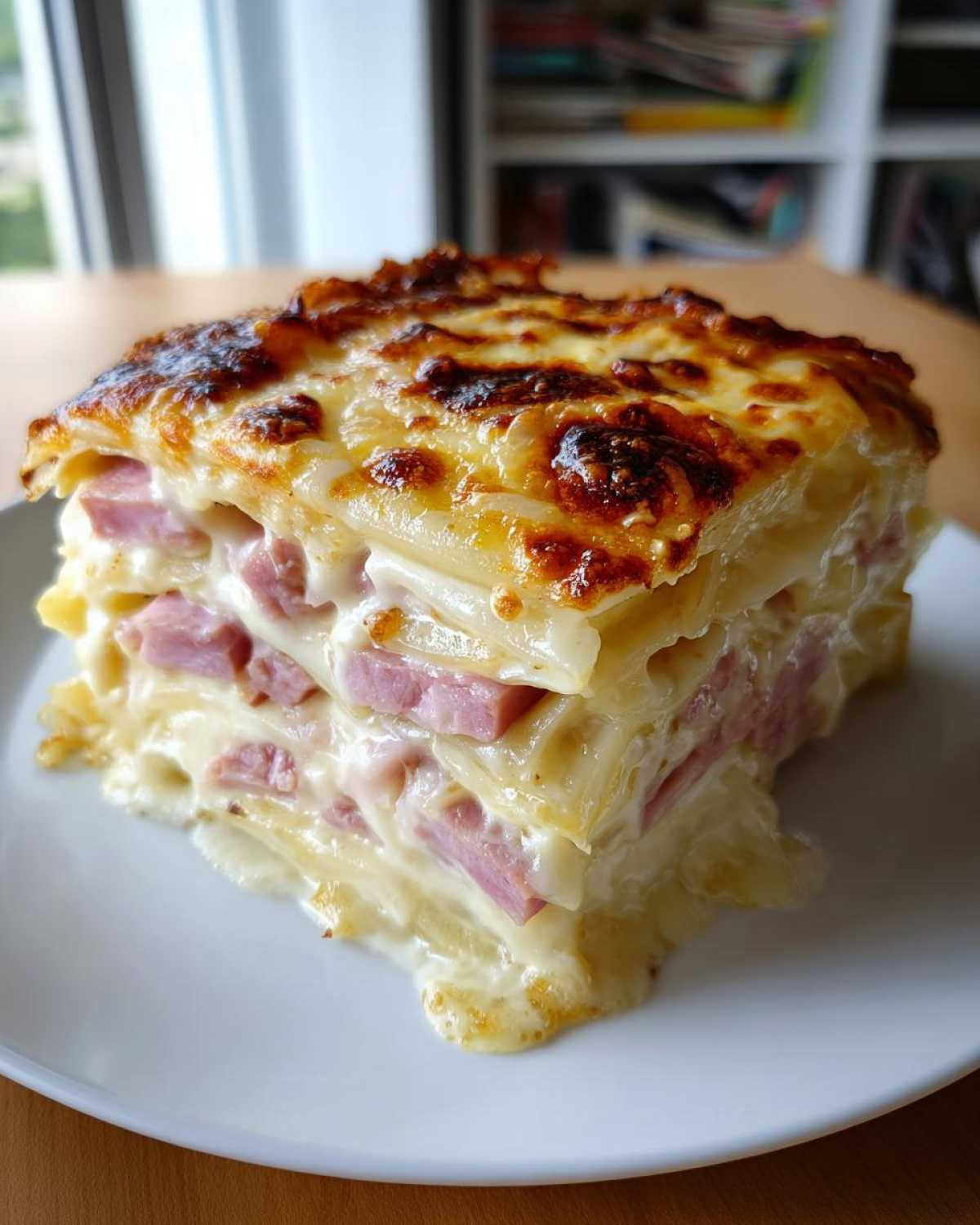 A thick, layered slice of scalloped potatoes and ham covered in creamy sauce and a browned, bubbly cheese crust.