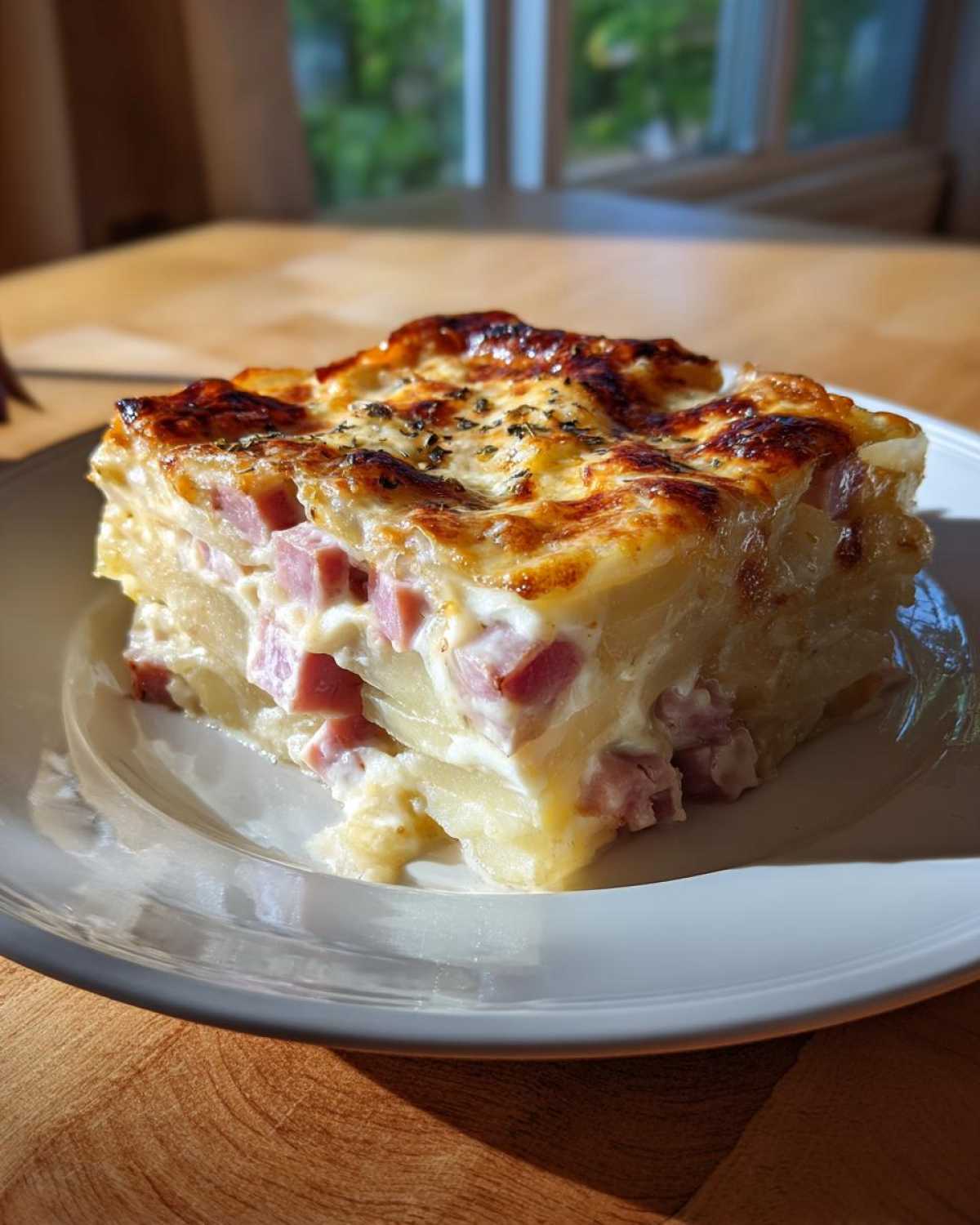 A thick, square slice of creamy scalloped potatoes and ham with a golden-brown, cheesy crust.
