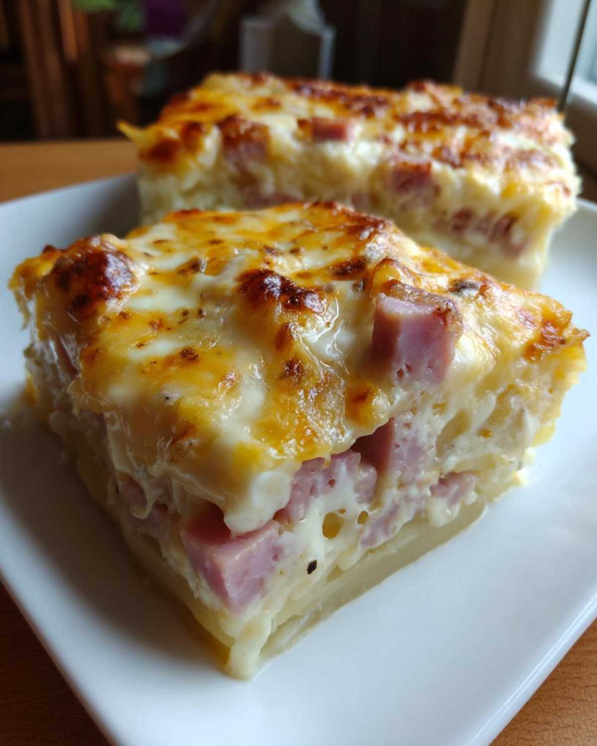 Two servings of cheesy, baked scalloped potatoes and ham showing layers of potato, ham chunks, and melted cheese topping.