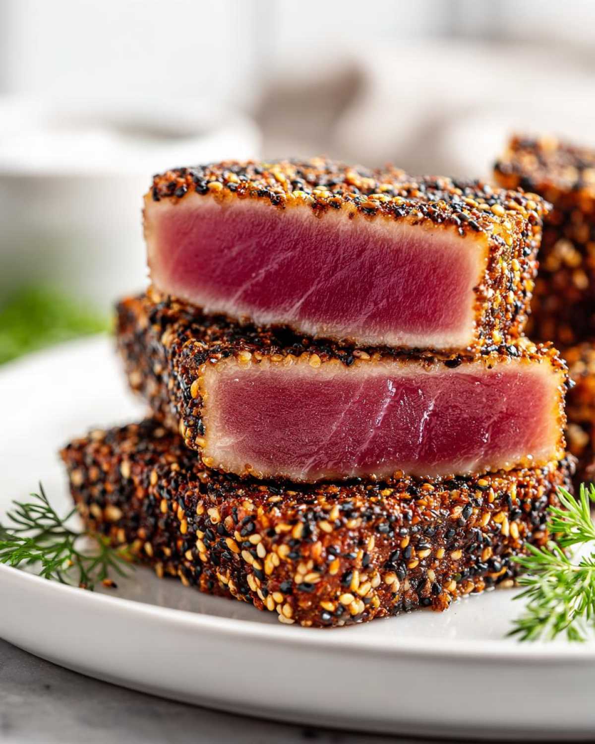 Close-up of three stacked slices of Seared Ahi Tuna, featuring a deep red center and a thick, dark sesame seed crust.