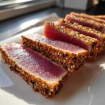 Slices of perfectly seared ahi tuna coated in sesame seeds, showing a rare, pink center.