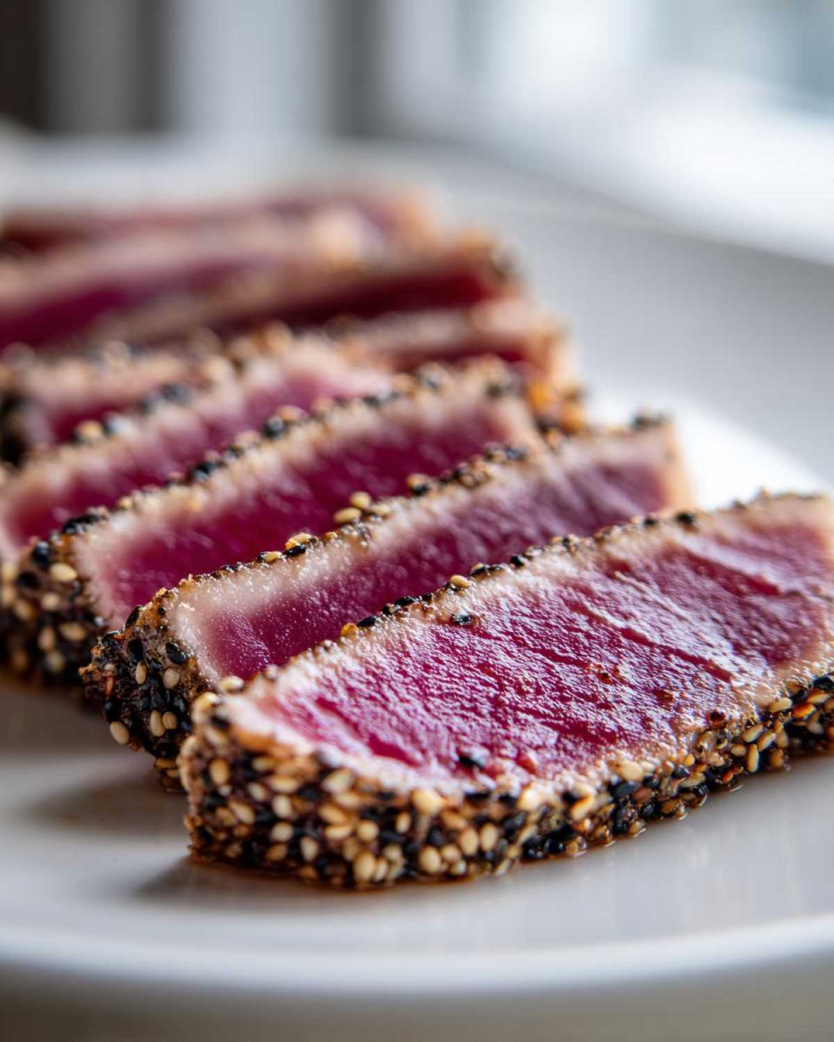 Close-up of perfectly cooked Seared Ahi Tuna slices, showing a vibrant red center and sesame seed crust.