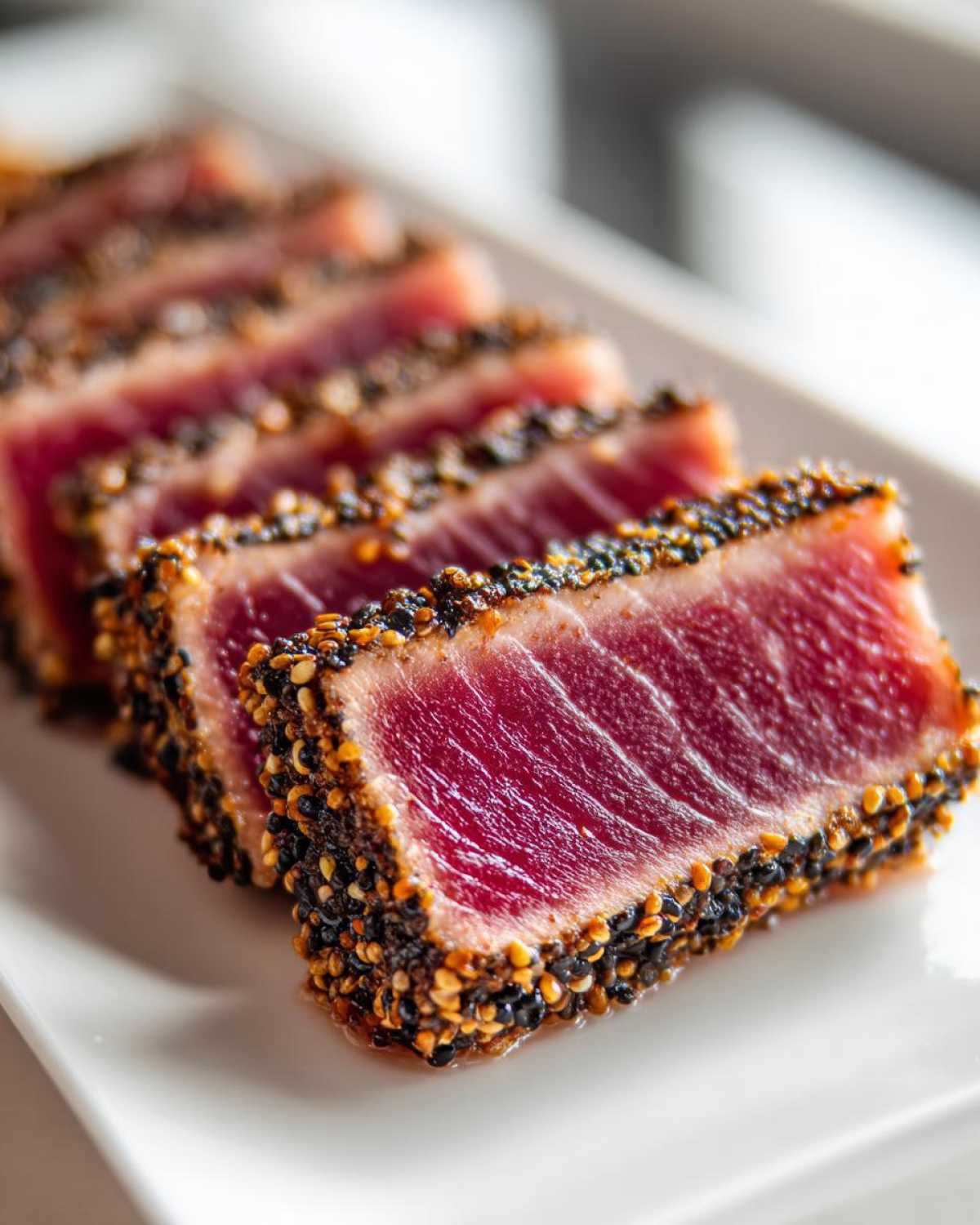 Close-up of perfectly seared ahi tuna slices, crusted with black and white sesame seeds, showing a rare, deep red center.
