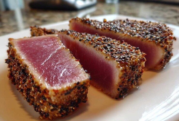Three thick slices of perfectly Seared Ahi Tuna showing a rare, deep pink center and a dark sesame seed crust.