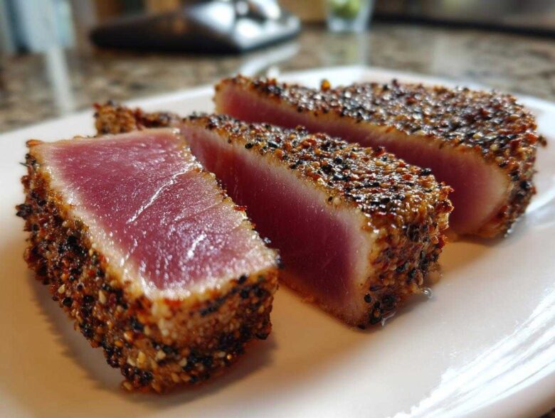 Three thick slices of perfectly Seared Ahi Tuna showing a rare, deep pink center and a dark sesame seed crust.