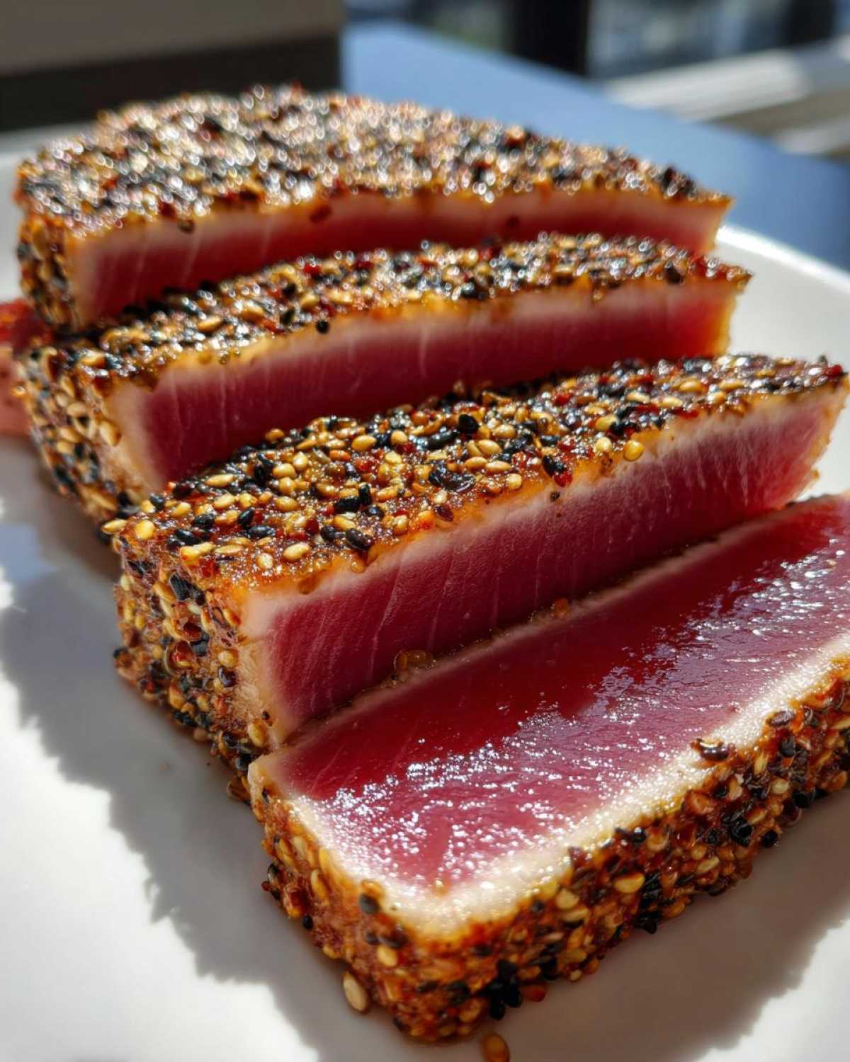Four thick slices of sesame-crusted Seared Ahi Tuna showing a deep red, rare center.