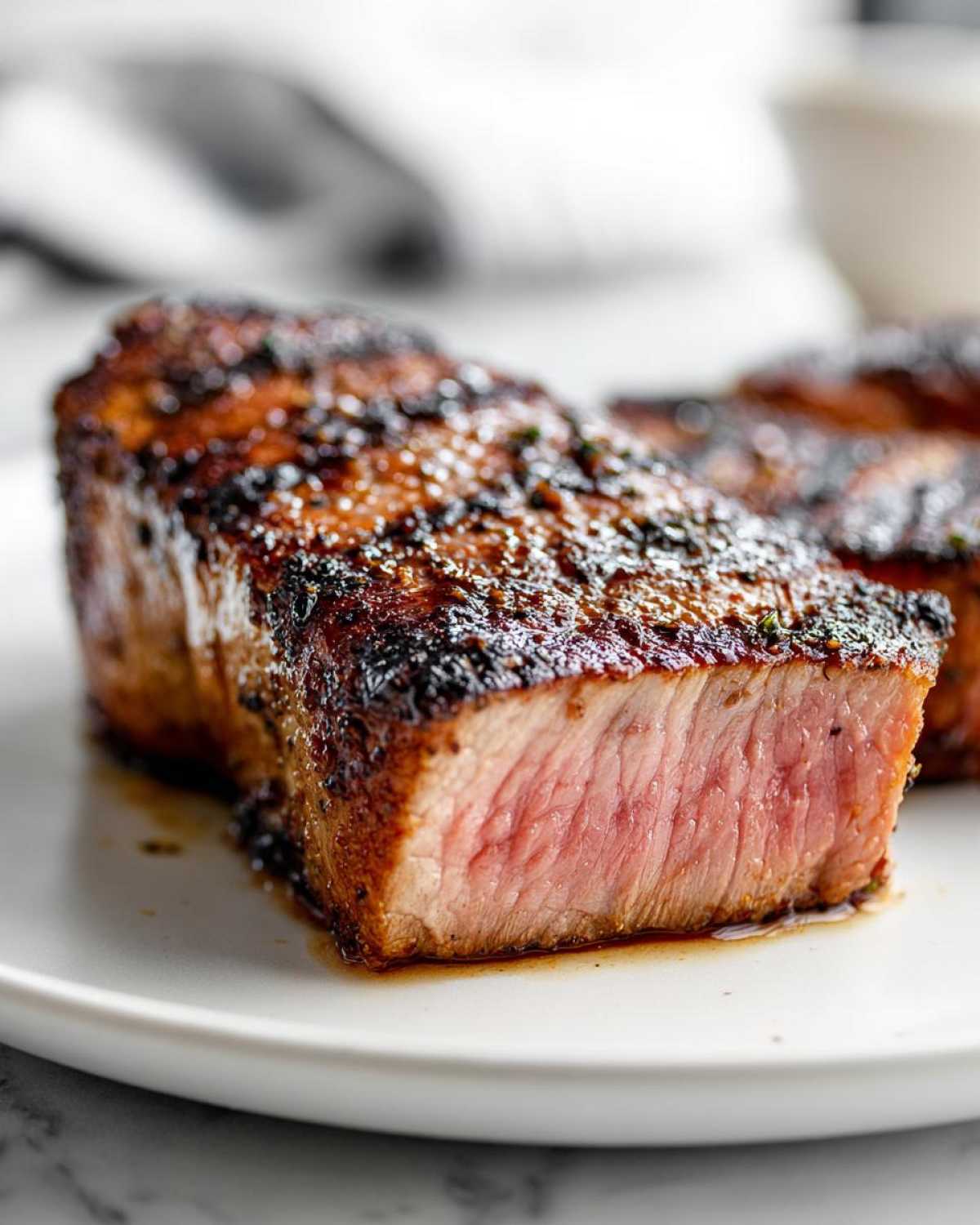 Close-up of a thick, seared tuna steak showing a medium-rare center, coated in a dark marinade crust.