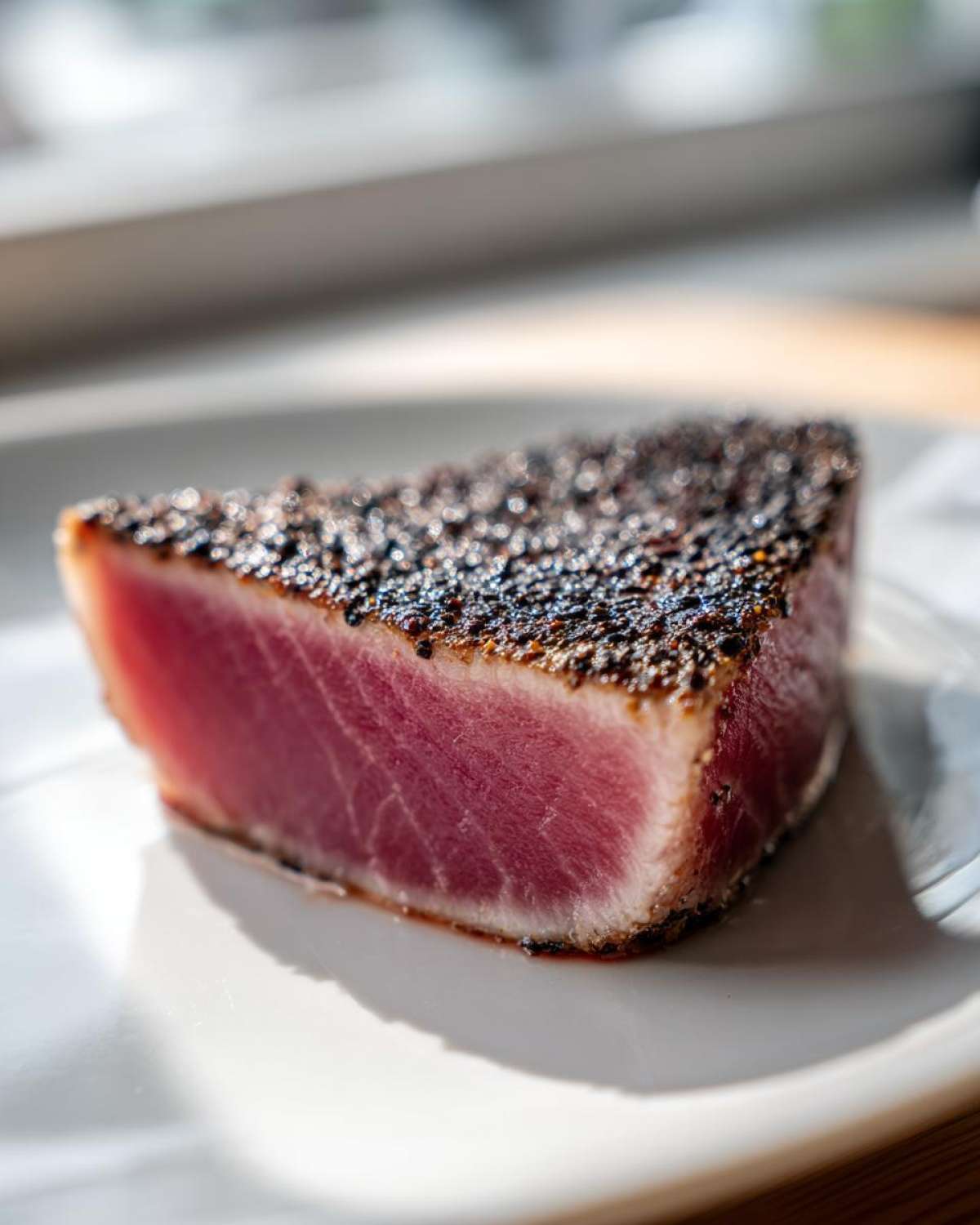 Close-up of a perfectly seared tuna steak, rare in the center, coated in a black pepper crust, ready to eat after using the MARINADE FOR TUNA STEAK.