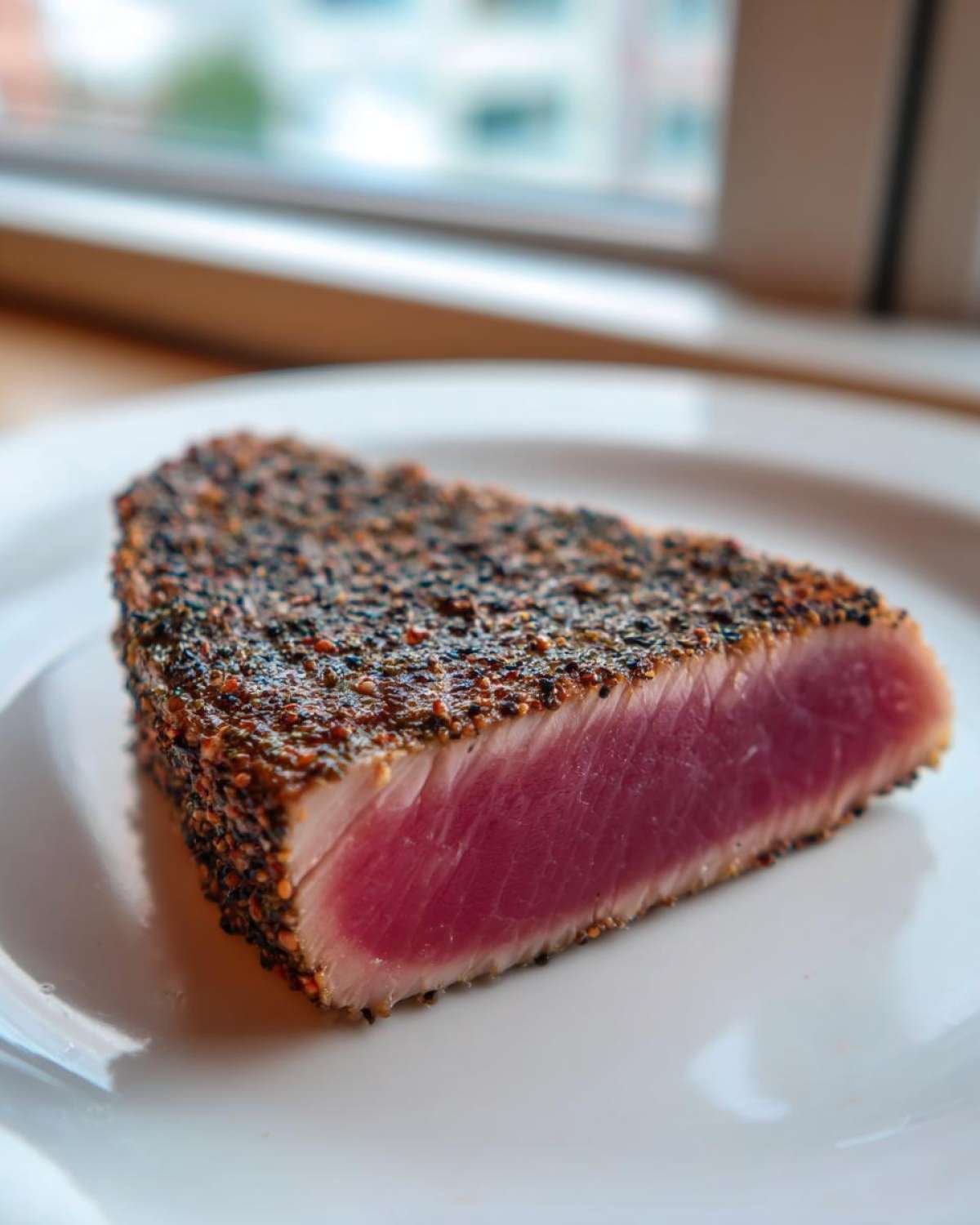 A thick, perfectly seared tuna steak, rare in the center, coated in a dark pepper crust, resting on a white plate.
