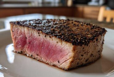 Close-up of a perfectly seared tuna steak, rare in the center, coated in a thick pepper crust, ready to eat.