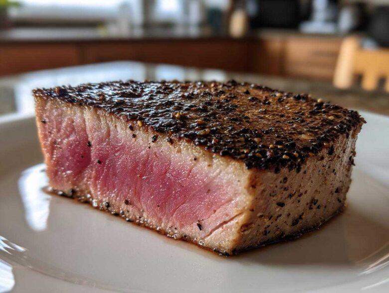 Close-up of a perfectly seared tuna steak, rare in the center, coated in a thick pepper crust, ready to eat.