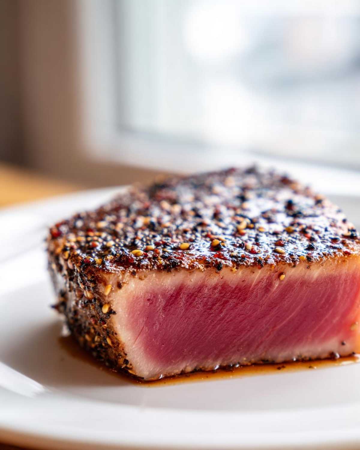 Close-up of a rare, seared tuna steak coated in sesame seeds and spices, showcasing the pink interior.