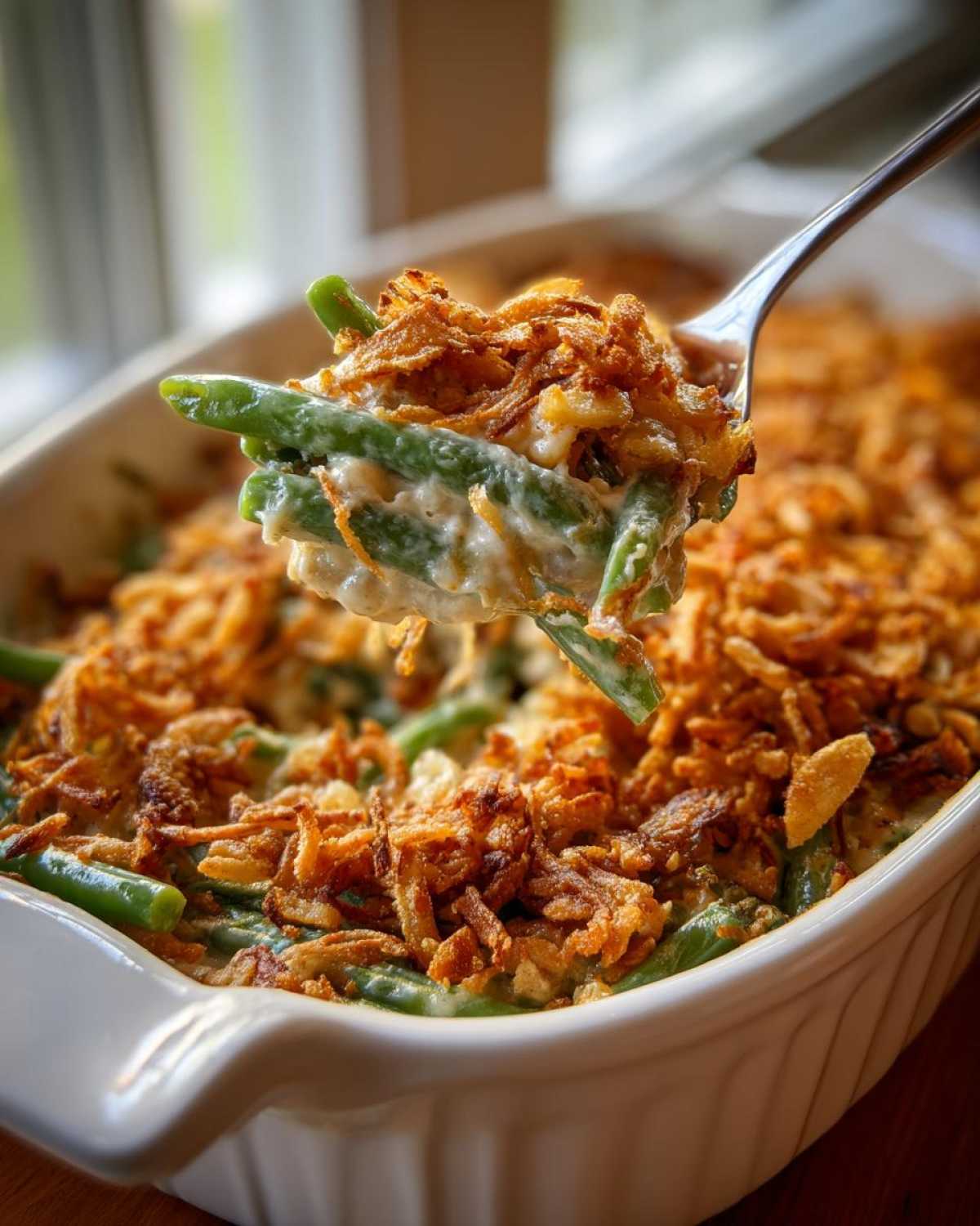 A spoonful of creamy green bean casserole topped with crispy fried onions being lifted from a white baking dish.