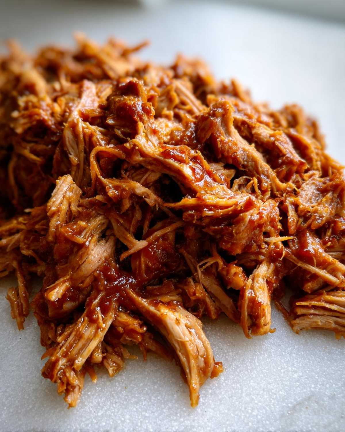 Close-up of tender, shredded Slow cooker pulled pork coated in a rich barbecue sauce.