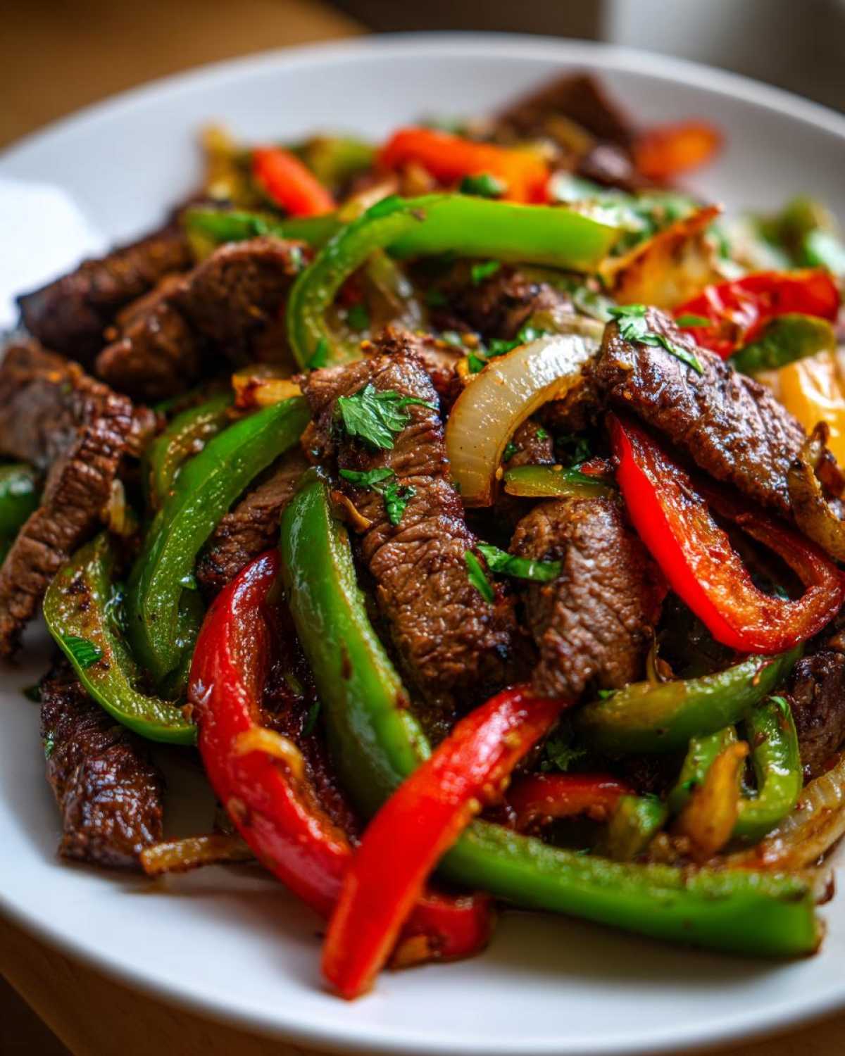 Close-up of sizzling steak fajitas featuring strips of seasoned beef, vibrant green and red bell peppers, and onions.