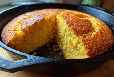 A golden yellow skillet cornbread with a slice removed, showing the crumb texture inside the black cast iron skillet.