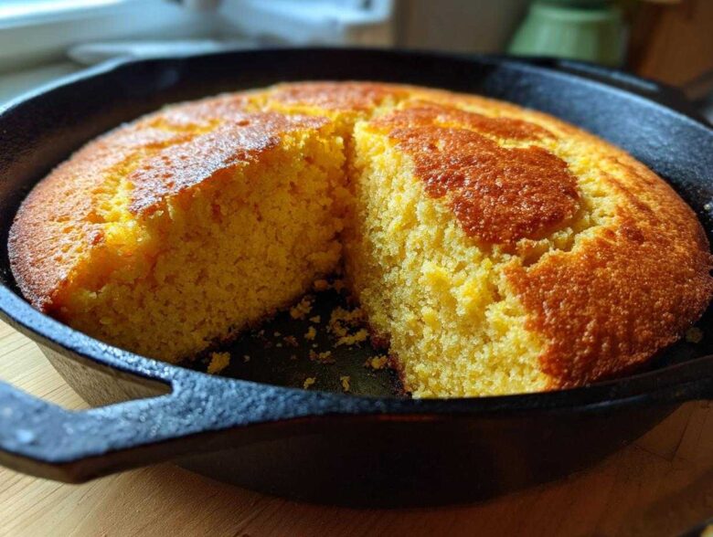 A golden yellow skillet cornbread with a slice removed, showing the crumb texture inside the black cast iron skillet.