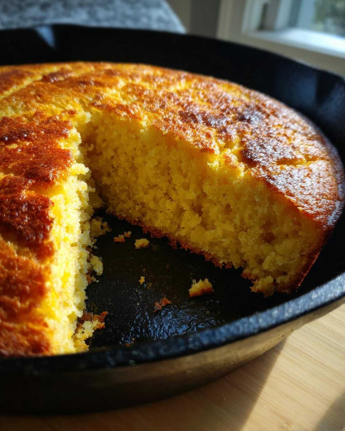 A close-up of golden yellow skillet cornbread with a slice removed, showing the crispy, browned edges.