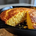 Close-up of golden, fluffy skillet cornbread with a piece removed, showing the crispy edge.